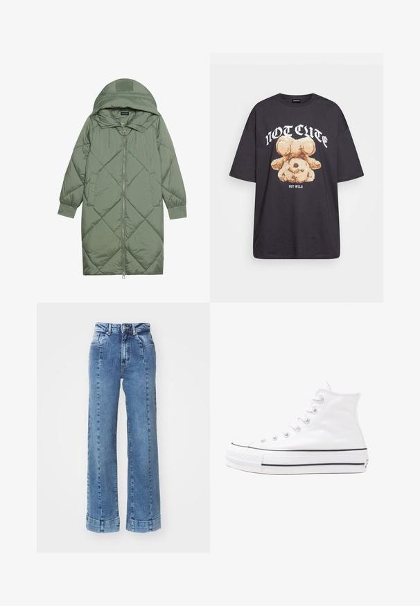 Casaco puffer longo verde acolchoado com capuz, apresentando um fecho frontal com zíper e dois bolsos laterais. Padrão texturizado em forma de diamante por todo o casaco.; T-shirt oversized preto com uma gráfica de um urso e o texto "NÃO FOFO, MAS SELVAGEM" em letras brancas e em negrito. Material em algodão.; Jeans de ganga azul claro, de perna larga e cintura alta, com bolsos frontais e detalhes cosidos. A bainha está enrolada e cosida.; Sapatilha alta de tela branca com sola de borracha preta, bico de borracha na frente e seis ilhós para os atacadores, apresentando um design limpo e minimalista.