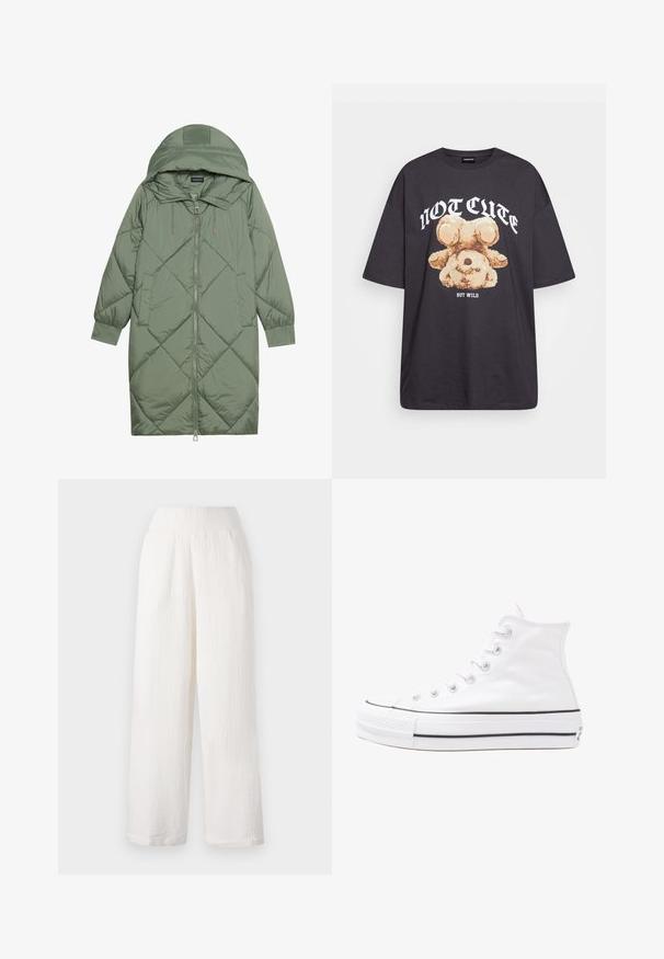 Abrigo acolchado largo verde tipo puffer con capucha, que presenta un cierre frontal con cremallera y dos bolsillos laterales. Patrón de diamantes texturizado en toda su superficie.; Camiseta negra de gran tamaño con un gráfico de un oso y el texto "NO LINDO SINO SALVAJE" en letras blancas y en negrita. Material de algodón.; Pantalones de pierna ancha blancos con un tejido texturizado y arrugado. Cuenta con una cinturilla elástica y bolsillos laterales para mayor comodidad.; Zapatilla de lona alta blanca con suela de goma negra, puntera de goma frontal y seis ojetes para los cordones, que presenta un diseño limpio y minimalista.