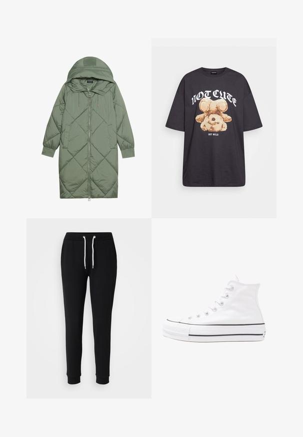 Cele nouă pictate în verde închis, din material pufos, cu glugă, care dispune de închidere cu fermoar frontal și două buzunare laterale. Model texturat cu un model în diamant pe întreaga suprafață.; Tricou oversized negru featuring un grafic cu un urs și textul „NU E DRĂGUȚ DAR SUNT SĂLBATIC” în litere albe, îndrăznețe. Material din bumbac.; Pantaloni de trening negri cu talie ajustabilă, detalii din sfoară albă, picioare conice și manșete ribbate. Confectionați dintr-un material moale și confortabil.; Adidași albi tip pantofi sport cu glezna din pânză, cu talpă din cauciuc negru, capac de vârf din cauciuc frontal și șase ochiuri pentru șireturi, având un design curat și minimalist.