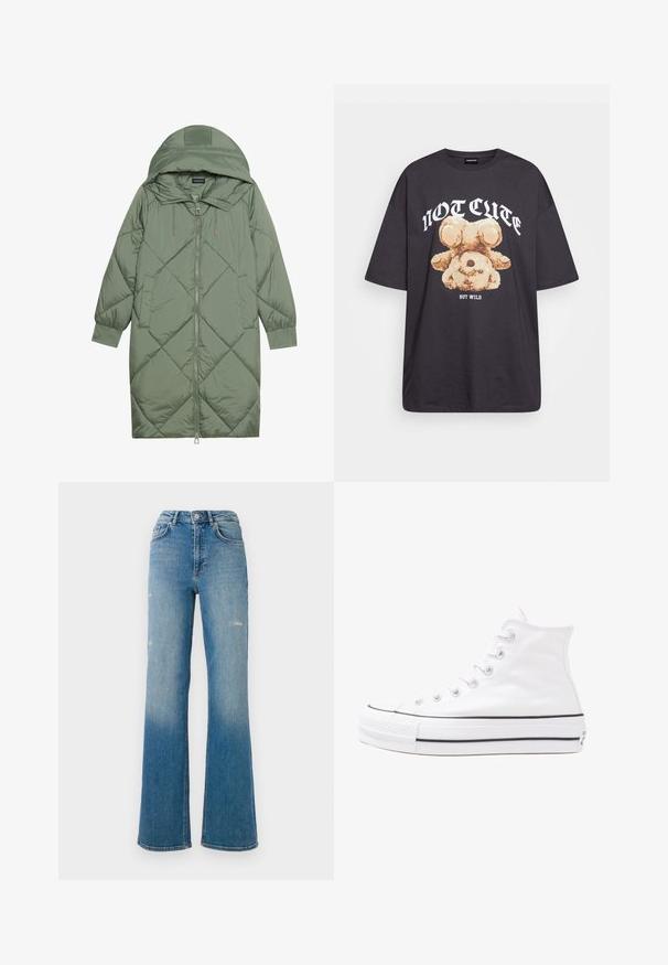 Casaco puffer longo verde acolchoado com capuz, apresentando um fecho frontal com zíper e dois bolsos laterais. Padrão texturizado em forma de diamante por todo o casaco.; T-shirt oversized preto com uma gráfica de um urso e o texto "NÃO FOFO, MAS SELVAGEM" em letras brancas e em negrito. Material em algodão.; Jeans de ganga azul de cintura alta com ligeiras desgastes nas coxas, estilo de cinco bolsos e um design de perna larga.; Sapatilha alta de tela branca com sola de borracha preta, bico de borracha na frente e seis ilhós para os atacadores, apresentando um design limpo e minimalista.