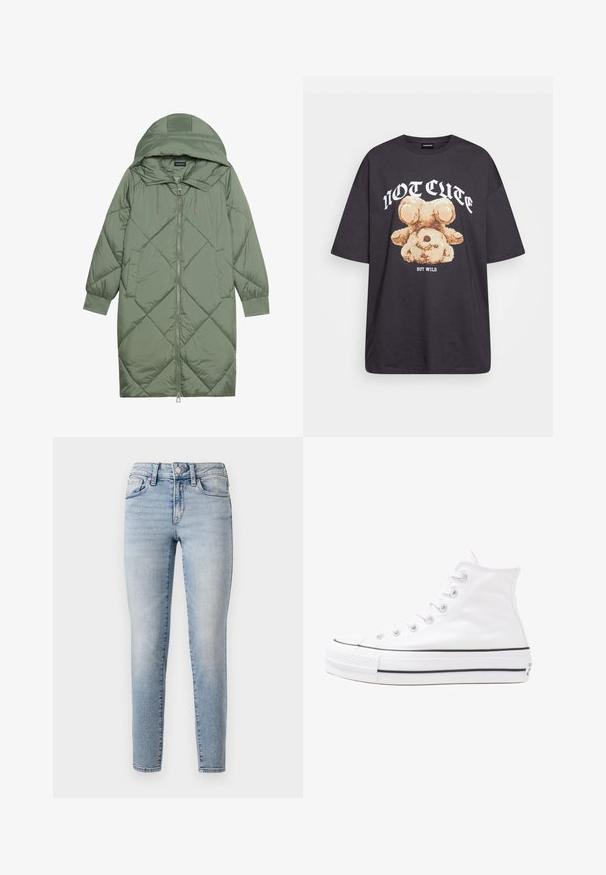 Izšūts garš zaļš pūšļa mētelis ar kapuci, ar priekšējo rāvējslēdzēju un divām sānu kabatām. Visā virsmā ir teksturēta dimanta raksts.; Melna, pārmērīga t-kreklu, kurā attēlots lācis ar uzrakstu "NAV MIERĪGS, BET VILKIS" treknos baltos burtiem. Izgatavots no kokvilnas materiāla.; Gai zila džinsa bikses ar šauru piegriezumu, ar piecu kabatu dizainu, priekšējo pogu aizdari un vieglu nodilumu gar kājām.; Balti augstie kanvas sporta apavi ar melnu gumijas zoli, priekšējo gumijas purngalu un sešām acīm lencēm, kuriem ir tīrs, minimālistisks dizains.