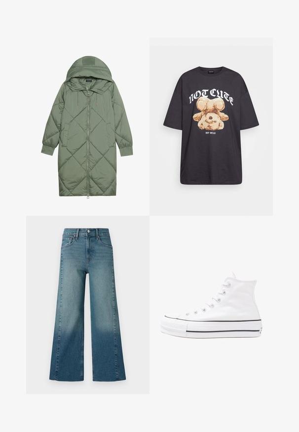 Izšūts garš zaļš pūšļa mētelis ar kapuci, ar priekšējo rāvējslēdzēju un divām sānu kabatām. Visā virsmā ir teksturēta dimanta raksts.; Melna, pārmērīga t-kreklu, kurā attēlots lācis ar uzrakstu "NAV MIERĪGS, BET VILKIS" treknos baltos burtiem. Izgatavots no kokvilnas materiāla.; Plata kāju džinsi vidēji zilā mazgājumā, ar gradienta efektu no tumšas uz gaišāku. Izgatavoti no denima ar tradicionālo piecu kabatu dizainu.; Balti augstie kanvas sporta apavi ar melnu gumijas zoli, priekšējo gumijas purngalu un sešām acīm lencēm, kuriem ir tīrs, minimālistisks dizains.