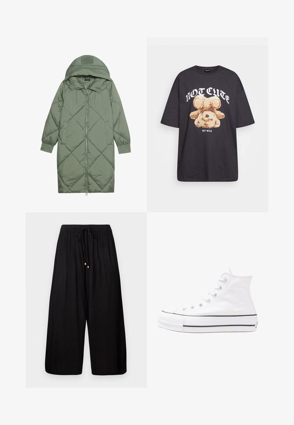 Manteau matelassé long vert avec capuche, doté d'une fermeture éclair à l'avant et de deux poches latérales. Motif en losanges texturé sur toute sa surface.; T-shirt noir oversize avec un graphique d'un ours et le texte « PAS MIGNON MAIS SAUVAGE » en lettres blanches, en gras. Matériau en coton.; Pantalons larges noirs en tissu texturé. Dotés d'une taille élastique avec cordon de serrage et d'accents dorés aux extrémités.; Baskets montantes en toile blanche avec semelle en caoutchouc noir, capuchon en caoutchouc à l'avant, et six œillets pour les lacets, présentant un design épuré et minimaliste.