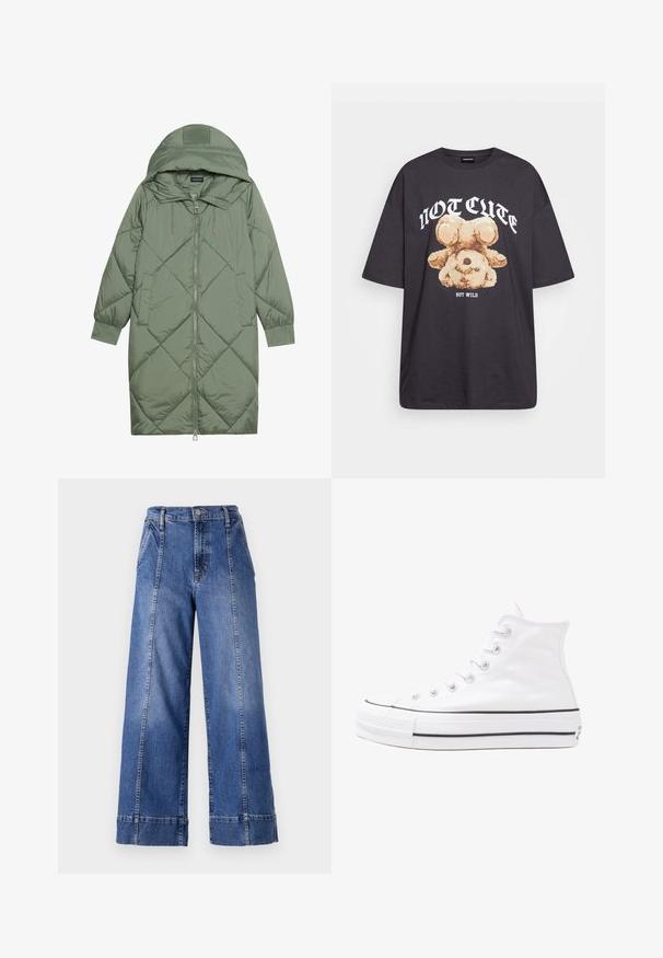 Cele nouă pictate în verde închis, din material pufos, cu glugă, care dispune de închidere cu fermoar frontal și două buzunare laterale. Model texturat cu un model în diamant pe întreaga suprafață.; Tricou oversized negru featuring un grafic cu un urs și textul „NU E DRĂGUȚ DAR SUNT SĂLBATIC” în litere albe, îndrăznețe. Material din bumbac.; Jeans din denim albastru cu picioare largi și talie înaltă, având închidere cu buton, buzunare frontale și cusături vizibile de-a lungul cusăturilor laterale.; Adidași albi tip pantofi sport cu glezna din pânză, cu talpă din cauciuc negru, capac de vârf din cauciuc frontal și șase ochiuri pentru șireturi, având un design curat și minimalist.