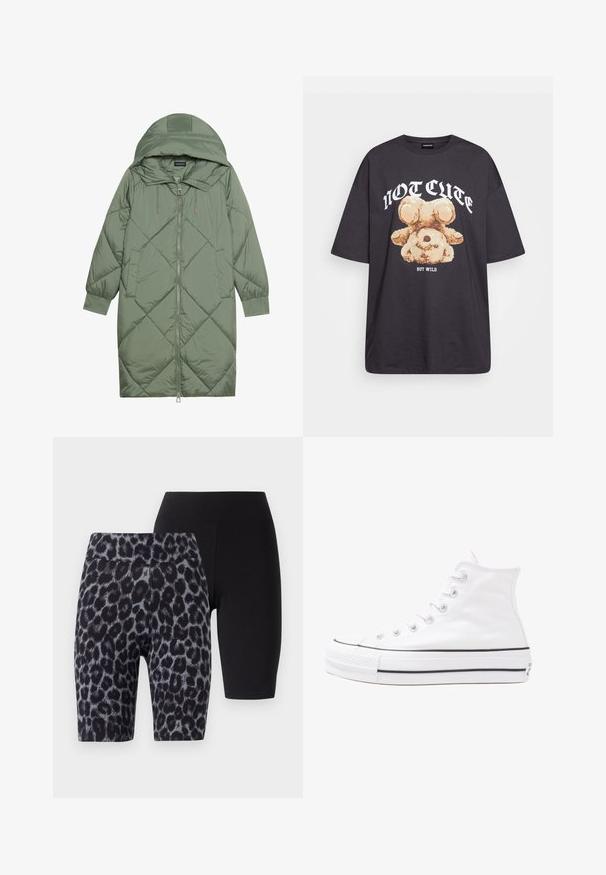 Quilted long green puffer coat with a hood, featuring a front zipper closure and two side pockets. Textured diamond pattern throughout.; Black oversized t-shirt featuring a graphic of a bear with the text “NOT CUTE BUT WILD” in bold, white lettering. Cotton material.; Set of two shorts: one black, one with a gray and black leopard print. Both feature a smooth texture and an elastic waistband.; White high-top canvas sneaker with black rubber sole, front rubber toe cap, and six eyelets for laces, featuring a clean, minimalist design.