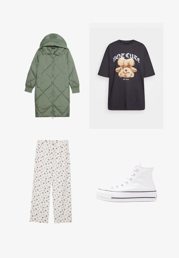 Prošívaný dlouhý zelený péřový kabát s kapucí, který má přední zip a dvě boční kapsy. Po celém povrchu je texturovaný diamantový vzor.; Černé oversized tričko s grafikou medvěda a textem „NENÍ CUTE, ALE DIVOKÝ“ v tučném bílém písmu. Bavlněný materiál.; Bílé látkové kalhoty s malým černým květinovým vzorem, široké nohavice a standardní pas s předními kapsami.; Bílé vysoké plátěné tenisky s černou gumovou podrážkou, přední gumovou špičkou a šesti očky na tkaničky, se čistým, minimalistickým designem.