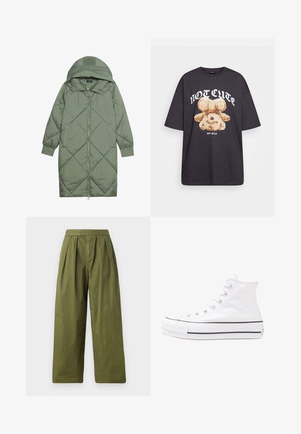 Quilted long green puffer coat with a hood, featuring a front zipper closure and two side pockets. Textured diamond pattern throughout.; Black oversized t-shirt featuring a graphic of a bear with the text “NOT CUTE BUT WILD” in bold, white lettering. Cotton material.; Olive green wide-leg trousers made of lightweight fabric, featuring pleats at the waist and a seamless texture without pockets.; White high-top canvas sneaker with black rubber sole, front rubber toe cap, and six eyelets for laces, featuring a clean, minimalist design.