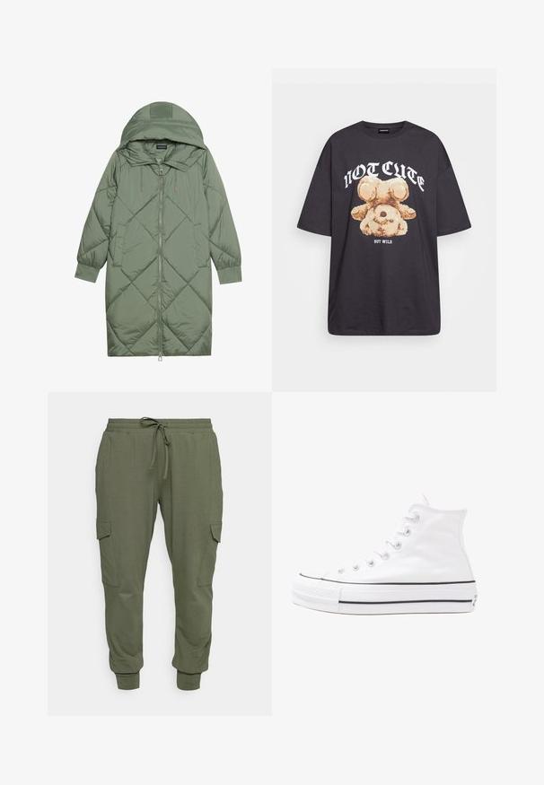 Puchowy, długi, zielony płaszcz z kapturem, z zamkiem błyskawicznym z przodu i dwoma bocznymi kieszeniami. Całość pokryta fakturowanym wzorem diamentowym.; Czarny, oversize t-shirt z grafiką niedźwiedzia i napisem „NIE UROCZY, ALE DZIKI” w grubej, białej czcionce. Materiał bawełniany.; Oliwkowe dresy wykonane z miękkiego materiału, z elastycznym paskiem w talii i sznurkiem, zwężanymi mankietami oraz kieszeniami cargo po bokach.; Białe wysokie trampki z płótna z czarną gumową podeszwą, przednim czubkiem z gumy i sześcioma dziurkami na sznurowadła, charakteryzujące się prostym, minimalistycznym designem.