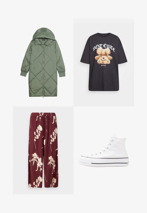 Gequiltede lange groene pufferjas met een capuchon, met een ritssluiting aan de voorkant en twee zijzakken. Gelaagd ruitpatroon overal.; Zwart oversized t-shirt met een afbeelding van een beer en de tekst "NIET SCHATTIG, MAAR WILD" in grote, witte letters. Gemaakt van katoen.; Bordeauxwijdlopende broek van lichtgewicht stof met een crème bloemenpatroon, elastische tailleband met trekkoord en twee zijzakken.; Witte high-top canvas sneakers met een zwarte rubberen zool, een rubberen neuskap aan de voorkant en zes gaatjes voor veters, met een schone, minimalistische uitstraling.