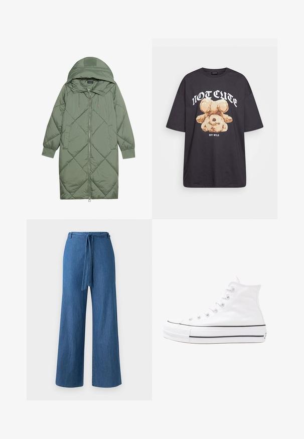 Izšūts garš zaļš pūšļa mētelis ar kapuci, ar priekšējo rāvējslēdzēju un divām sānu kabatām. Visā virsmā ir teksturēta dimanta raksts.; Melna, pārmērīga t-kreklu, kurā attēlots lācis ar uzrakstu "NAV MIERĪGS, BET VILKIS" treknos baltos burtiem. Izgatavots no kokvilnas materiāla.; Platām kāju zili džinsu biksēm ar sasienamu jostu viduklī, gluda tekstūra bez redzamām rakstiem vai metāla akcentiem.; Balti augstie kanvas sporta apavi ar melnu gumijas zoli, priekšējo gumijas purngalu un sešām acīm lencēm, kuriem ir tīrs, minimālistisks dizains.