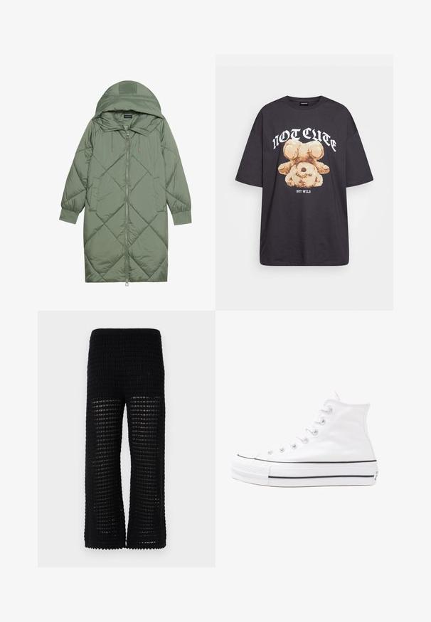 Quiltet lang grøn pufferjakke med hætte, med frontlynlås og to sidelommer. Teksturret diamantmønster over det hele.; Sort oversized t-shirt med et grafisk motiv af en bjørn samt teksten "IKKE SØD MEN VILD" i fede, hvide bogstaver. 100% bomulds materiale.; Sorte strikbukser med et struktureret, åbent mesh-design og brede ben. Taljen er elastisk for komfort og nem at tage på.; Hvide høje kanvas sneakers med sort gummisål, gummitåhætte foran og seks øjehuller til snørebånd, der har et rent, minimalistisk design.