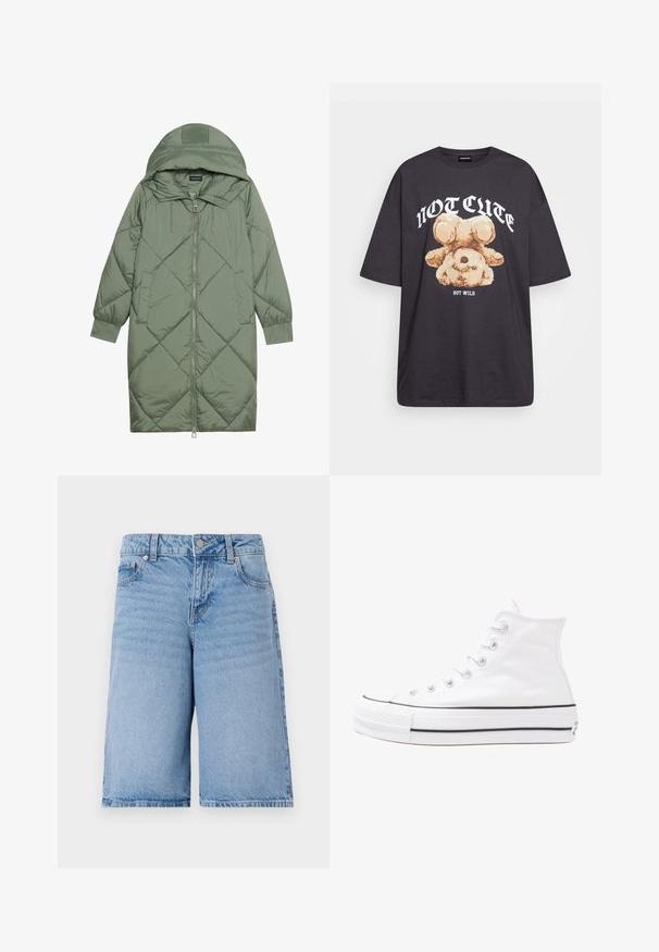 Izšūts garš zaļš pūšļa mētelis ar kapuci, ar priekšējo rāvējslēdzēju un divām sānu kabatām. Visā virsmā ir teksturēta dimanta raksts.; Melna, pārmērīga t-kreklu, kurā attēlots lācis ar uzrakstu "NAV MIERĪGS, BET VILKIS" treknos baltos burtiem. Izgatavots no kokvilnas materiāla.; Gaiši zili džinsu šorti ar brīvu piegriezumu, piecu kabatu dizainu, priekšējo pogu aizdari un ar zīmola jostu. ; Balti augstie kanvas sporta apavi ar melnu gumijas zoli, priekšējo gumijas purngalu un sešām acīm lencēm, kuriem ir tīrs, minimālistisks dizains.