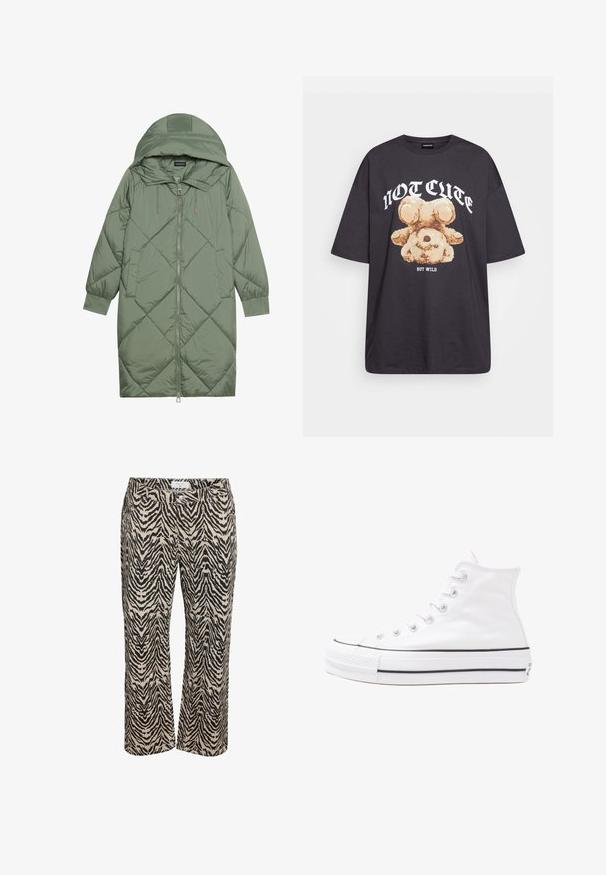 Prostorna dolga zeleni puffer plašč s kapuco, z zadrgo spredaj in dvema stranskima žepoma. Tekstura z diamantnim vzorcem po celotni površini.; Črna oversized majica s kratkimi rokavi, na kateri je grafika medveda z besedilom „NI SRČKAN VKLJUČNO Z DIVJIM“ v poudarjenem belem tisku. Material: bombaž.; Bež hlače s črnim zebraste vzorcem, z ravnim krojem, sprednjimi žepi in gumbom za zapiranje.; Beli visoki platneni športni čevelj z črnim gumijastim podplatom, sprednjim gumijastim zaščitnikom za prste in šestimi luknjicami za vezalke, ki se ponaša s preprostim, minimalističnim dizajnom.