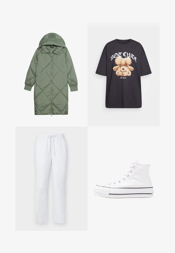 Cele nouă pictate în verde închis, din material pufos, cu glugă, care dispune de închidere cu fermoar frontal și două buzunare laterale. Model texturat cu un model în diamant pe întreaga suprafață.; Tricou oversized negru featuring un grafic cu un urs și textul „NU E DRĂGUȚ DAR SUNT SĂLBATIC” în litere albe, îndrăznețe. Material din bumbac.; Pantaloni de pijama de un albastru deschis, cu un model texturat, talie elastică și șnur. Design cu picioare drepte, material ușor.; Adidași albi tip pantofi sport cu glezna din pânză, cu talpă din cauciuc negru, capac de vârf din cauciuc frontal și șase ochiuri pentru șireturi, având un design curat și minimalist.