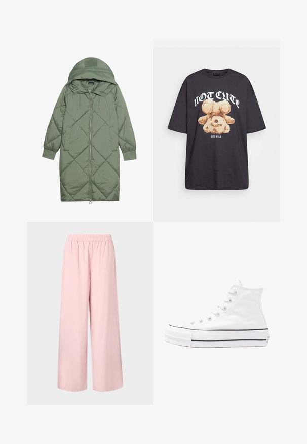Manteau matelassé long vert avec capuche, doté d'une fermeture éclair à l'avant et de deux poches latérales. Motif en losanges texturé sur toute sa surface.; T-shirt noir oversize avec un graphique d'un ours et le texte « PAS MIGNON MAIS SAUVAGE » en lettres blanches, en gras. Matériau en coton.; Pantalons larges roses avec une taille élastique et une texture lisse, présentant une coupe ample et droite de la taille à l'ourlet.; Baskets montantes en toile blanche avec semelle en caoutchouc noir, capuchon en caoutchouc à l'avant, et six œillets pour les lacets, présentant un design épuré et minimaliste.