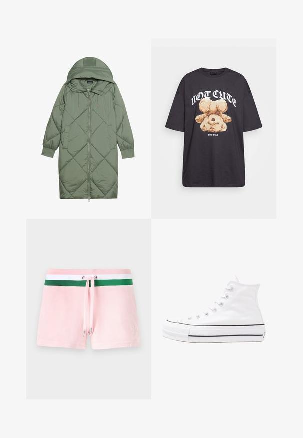 Casaco puffer longo verde acolchoado com capuz, apresentando um fecho frontal com zíper e dois bolsos laterais. Padrão texturizado em forma de diamante por todo o casaco.; T-shirt oversized preto com uma gráfica de um urso e o texto "NÃO FOFO, MAS SELVAGEM" em letras brancas e em negrito. Material em algodão.; Calções de algodão rosa com uma cinta em verde e branco às riscas, apresentando um cordão e pontas em metal prateado. Logótipo subtil bordado na lateral.; Sapatilha alta de tela branca com sola de borracha preta, bico de borracha na frente e seis ilhós para os atacadores, apresentando um design limpo e minimalista.