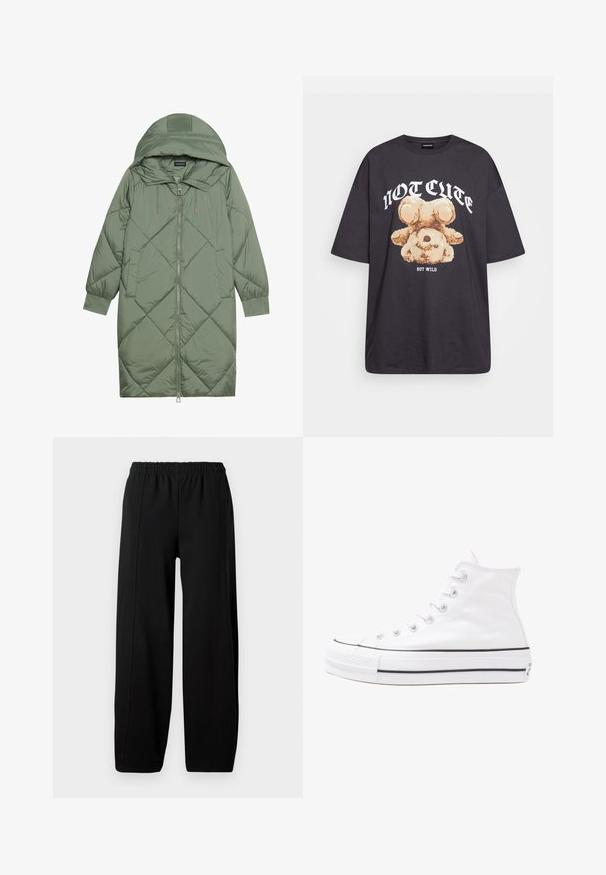 Casaco puffer longo verde acolchoado com capuz, apresentando um fecho frontal com zíper e dois bolsos laterais. Padrão texturizado em forma de diamante por todo o casaco.; T-shirt oversized preto com uma gráfica de um urso e o texto "NÃO FOFO, MAS SELVAGEM" em letras brancas e em negrito. Material em algodão.; Calças largas pretas com cintura elástica e costuras verticais visíveis em cada perna contra um fundo branco.; Sapatilha alta de tela branca com sola de borracha preta, bico de borracha na frente e seis ilhós para os atacadores, apresentando um design limpo e minimalista.