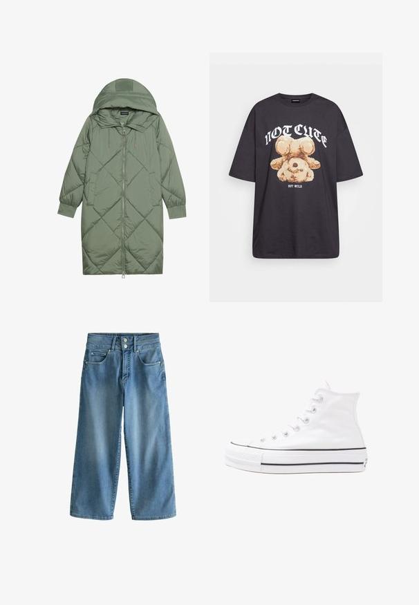 Prostorna dolga zeleni puffer plašč s kapuco, z zadrgo spredaj in dvema stranskima žepoma. Tekstura z diamantnim vzorcem po celotni površini.; Črna oversized majica s kratkimi rokavi, na kateri je grafika medveda z besedilom „NI SRČKAN VKLJUČNO Z DIVJIM“ v poudarjenem belem tisku. Material: bombaž.; Svetlo modri, široki kavbojke z visokim pasom. Ima dve sprednji žepki, dve zadnji žepki in dvojno zaklepanje na gumb.; Beli visoki platneni športni čevelj z črnim gumijastim podplatom, sprednjim gumijastim zaščitnikom za prste in šestimi luknjicami za vezalke, ki se ponaša s preprostim, minimalističnim dizajnom.