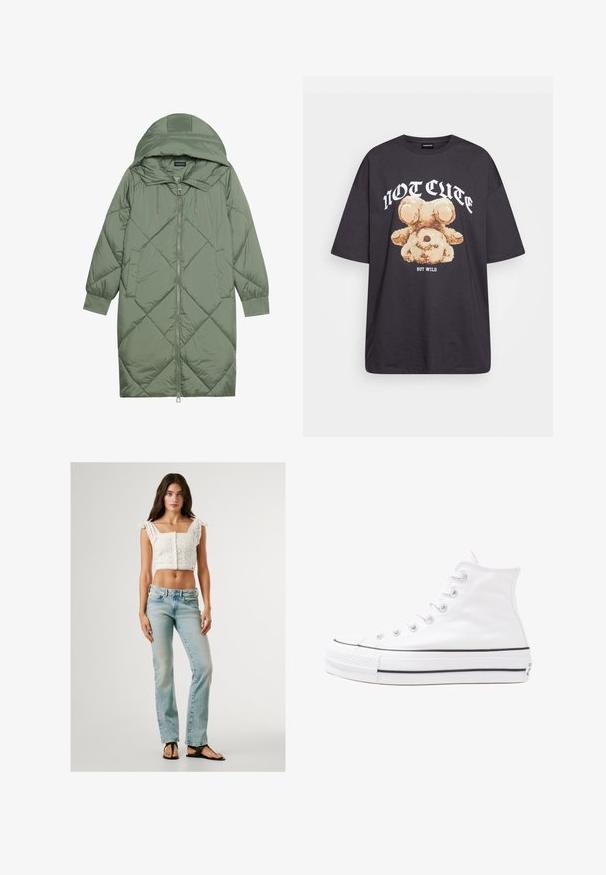 Puchowy, długi, zielony płaszcz z kapturem, z zamkiem błyskawicznym z przodu i dwoma bocznymi kieszeniami. Całość pokryta fakturowanym wzorem diamentowym.; Czarny, oversize t-shirt z grafiką niedźwiedzia i napisem „NIE UROCZY, ALE DZIKI” w grubej, białej czcionce. Materiał bawełniany.; Biały crop top z wycięciami i falbaną na dole, zestawiony z jasnoniebieskimi spodniami prosto nogawkami i czarnymi klapkami.; Białe wysokie trampki z płótna z czarną gumową podeszwą, przednim czubkiem z gumy i sześcioma dziurkami na sznurowadła, charakteryzujące się prostym, minimalistycznym designem.