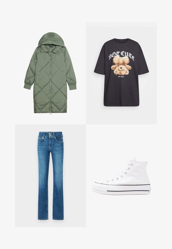 Pistetud pikk roheline puffermantel kapuutsiga, esiküljel tõmblukuga ja kahe küljetaskuga. Kogu pinnal on struktureeritud rombikujundus.; Musthave musta t-särk, millel on karu graafika ja tekst "EI NII NÄDALA, KUID MÄRG" paksult valgete tähtedega. Puuvillane materjal.; Laienevad sinised teksased keskmise tõusuga, millel on kaks eest ja kaks tagumist taskut ning kontrastne õmblus.; Valge kõrgem kangast tenniseking, millel on must kummist tald, ees kummist varvasetugi ja kuus aukku paelte jaoks, pakkudes puhta ja minimalistliku disaini.