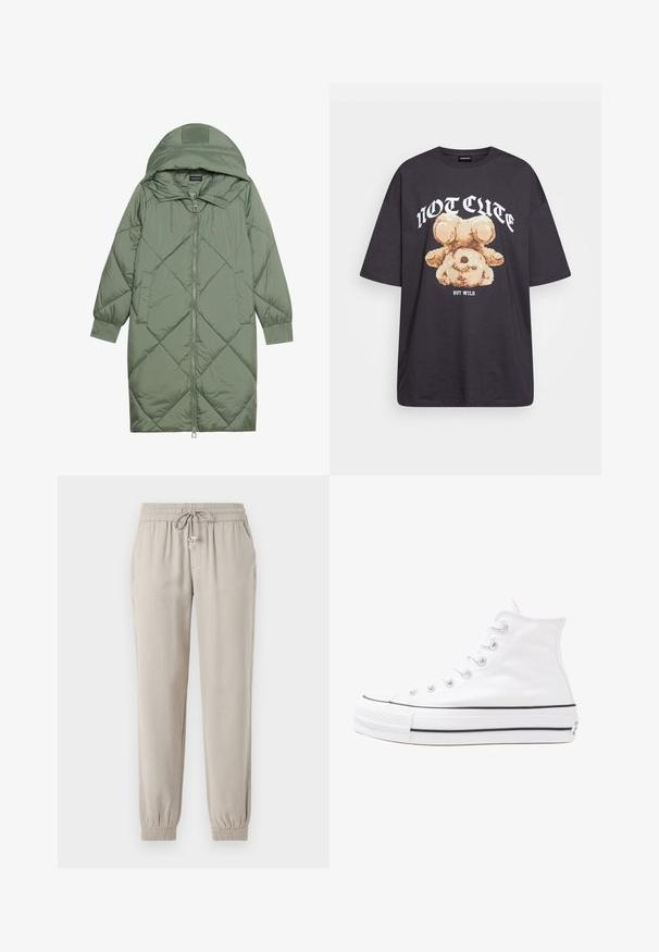 Quilted long green puffer coat with a hood, featuring a front zipper closure and two side pockets. Textured diamond pattern throughout.; Black oversized t-shirt featuring a graphic of a bear with the text “NOT CUTE BUT WILD” in bold, white lettering. Cotton material.; Light beige jogger pants made of soft fabric, featuring an elastic waistband with a drawstring, side pockets, and elastic cuffs.; White high-top canvas sneaker with black rubber sole, front rubber toe cap, and six eyelets for laces, featuring a clean, minimalist design.