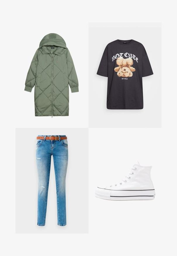 Quiltet lang grønn pufferjakke med hette, med en frontglidelås og to sidelommer. Teksturerte diamantmønster overalt.; Svart oversized t-skjorte med en grafikk av en bjørn og teksten "IKKE SØT, MEN VILL" i fet, hvit skrift. Laget av bomull.; Lys blå denimbukser med slim fit, med et brunt belte, slitte detaljer og fem lommer.; Hvit høy-skinn kanvas sneakers med svart gummisåle, gummitåhette foran og seks hull for snorer, med et rent, minimalistisk design.