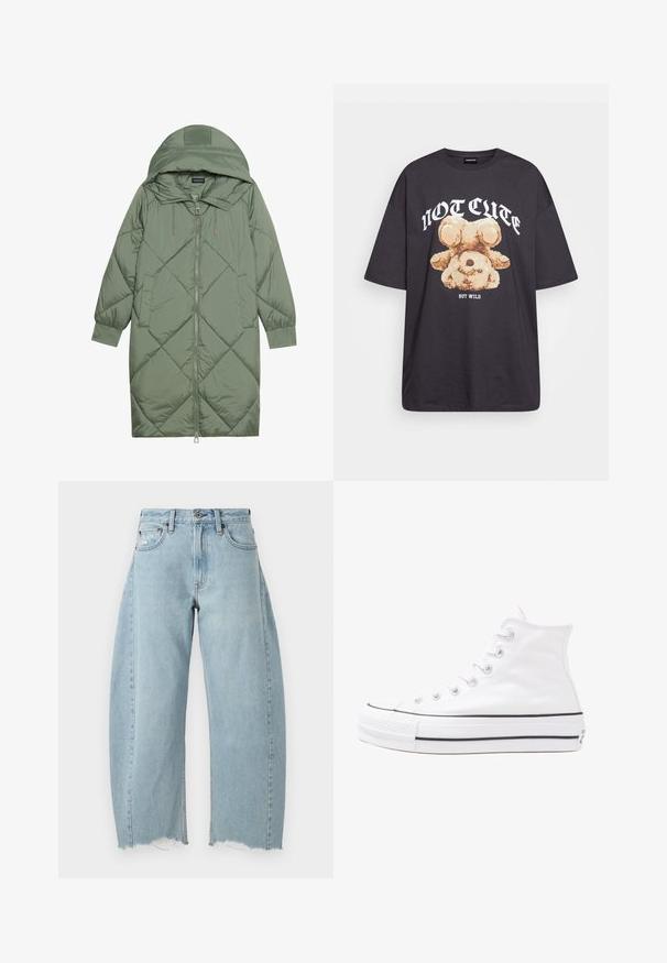 Cele nouă pictate în verde închis, din material pufos, cu glugă, care dispune de închidere cu fermoar frontal și două buzunare laterale. Model texturat cu un model în diamant pe întreaga suprafață.; Tricou oversized negru featuring un grafic cu un urs și textul „NU E DRĂGUȚ DAR SUNT SĂLBATIC” în litere albe, îndrăznețe. Material din bumbac.; Jeans din denim de un albastru deschis, cu o siluetă cu picioare largi, tiv destrămat și design tradițional cu cinci buzunare. Închidere clasică cu nasture și fermoar.; Adidași albi tip pantofi sport cu glezna din pânză, cu talpă din cauciuc negru, capac de vârf din cauciuc frontal și șase ochiuri pentru șireturi, având un design curat și minimalist.