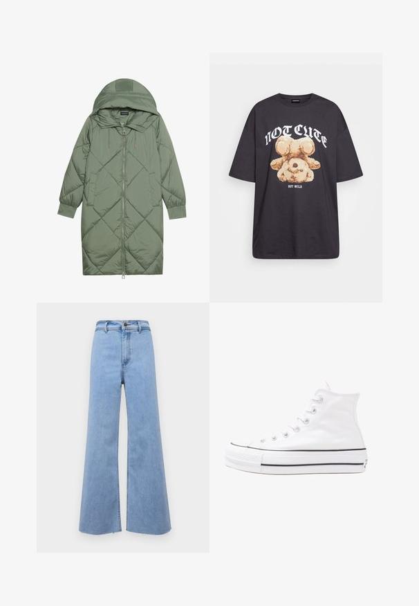 Cappotto lungo imbottito verde con un cappuccio, caratterizzato da una chiusura frontale a zip e due tasche laterali. Motivo a rombi testurizzati su tutta la superficie.; T-shirt nera oversize con una grafica di un orso e la scritta "NON CARINA MA SELVAGGIA" in grassetto, lettere bianche. Materiale in cotone.; Jeans in denim blu chiaro a gamba larga con vita alta, orlo sfilacciato e chiusura frontale con bottone. Presentano una texture liscia e linee pulite.; Sneaker alta in tela bianca con suola in gomma nera, punta in gomma frontale e sei asole per i lacci, caratterizzata da un design pulito e minimalista.