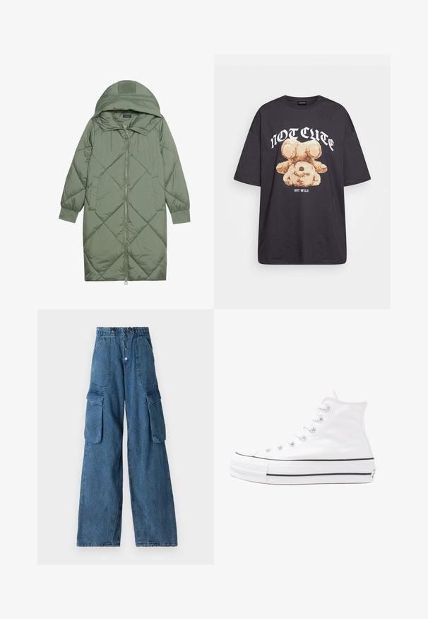 Quiltuotas ilgas žalias pūkinis paltas su kapuce, turintis priekinį užtrauktuką ir dvi šonines kišenes. Visame paviršiuje yra tekstūrinis rombų raštas.; Juodas per didelis marškinėliai su bearo grafika ir tekstu "NE SIAUBINGA, BET NERAMUS" bold baltomis raidėmis. Pagaminta iš medvilnės.; Džinsiniai cargo kelnės vidutinio mėlynumo su aukštu liemeniu, plačiomis kojomis, dviem šoninėmis kišenėmis ir priekinio užsegimo mygtuku.; Balti aukštakulniai drobės sportbačiai su juodu guminio pado, priekinio guminio piršto dangteliu ir šešiais akytėmis raištams, pasižymintys švariu, minimalistiniu dizainu.