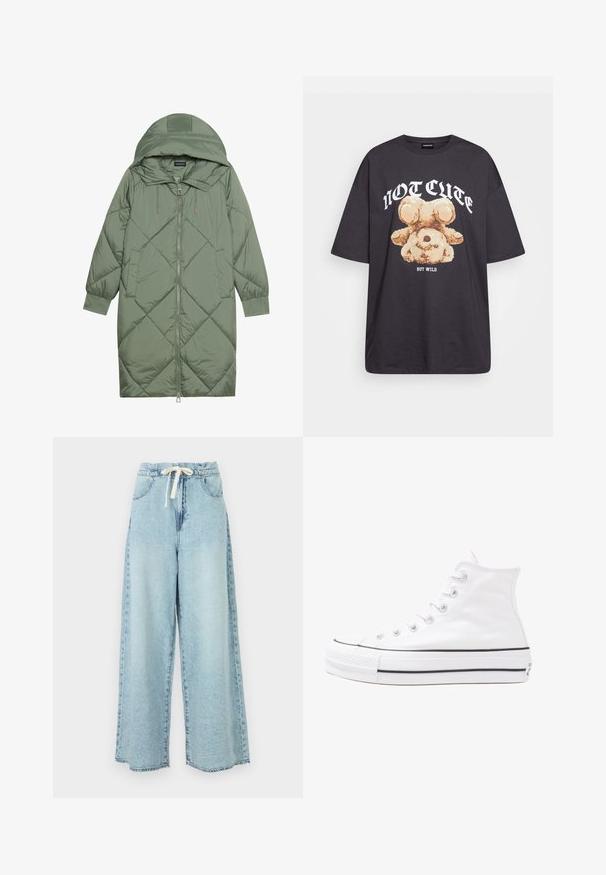 Abrigo acolchado largo verde tipo puffer con capucha, que presenta un cierre frontal con cremallera y dos bolsillos laterales. Patrón de diamantes texturizado en toda su superficie.; Camiseta negra de gran tamaño con un gráfico de un oso y el texto "NO LINDO SINO SALVAJE" en letras blancas y en negrita. Material de algodón.; Jeans de pierna ancha color azul claro con cinturilla elástica y cordón. Incluye bolsillos tradicionales y textura de denim desgastado.; Zapatilla de lona alta blanca con suela de goma negra, puntera de goma frontal y seis ojetes para los cordones, que presenta un diseño limpio y minimalista.