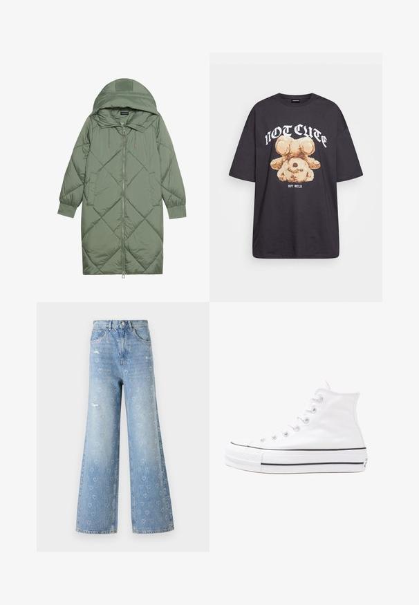 Casaco puffer longo verde acolchoado com capuz, apresentando um fecho frontal com zíper e dois bolsos laterais. Padrão texturizado em forma de diamante por todo o casaco.; T-shirt oversized preto com uma gráfica de um urso e o texto "NÃO FOFO, MAS SELVAGEM" em letras brancas e em negrito. Material em algodão.; Jeans de ganga de lavagem azul clara, com pernas largas, apresentando padrões desgastados em forma de coração e detalhes em tachas prateadas. Cintura alta com design padrão de cinco bolsos.; Sapatilha alta de tela branca com sola de borracha preta, bico de borracha na frente e seis ilhós para os atacadores, apresentando um design limpo e minimalista.