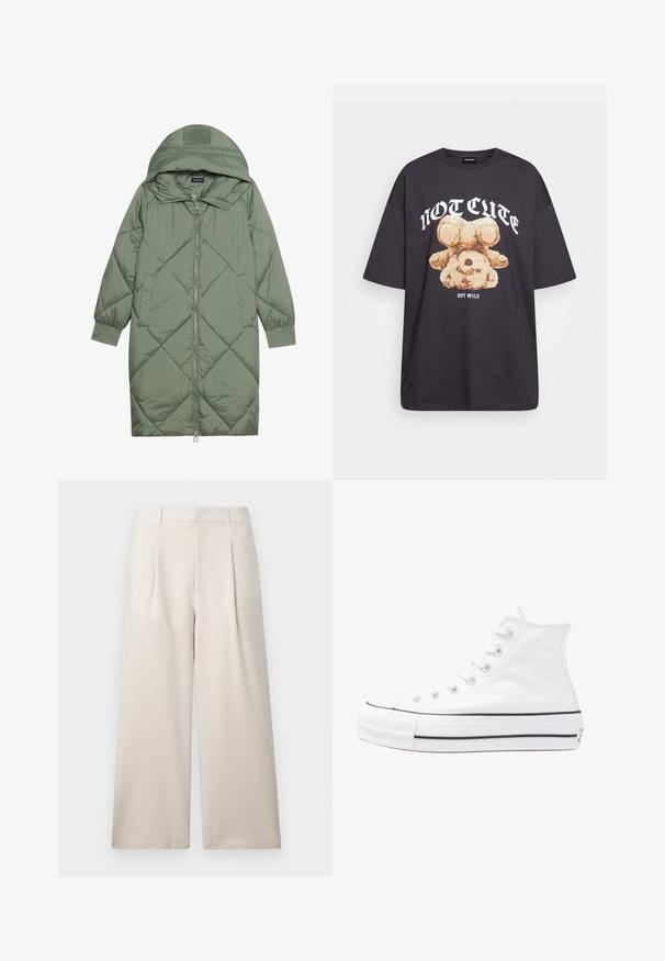 Vihreä vuorattu pitkänmallinen puhvitakki, jossa on huppu, etuvetoketju ja kaksi sivutaskua. Koko takin pinta on teksturoidussa timanttikuviossa.; Mustat ylisuurent-paidat, joissa on karhun grafiikka ja teksti "EI SULOINEN VAAN VILLI" rohkealla valkoisella fontilla. Puuvillamateriaali.; ONLY ONLLANDO PLEAT CULOTTE PANT - Housut - pumice stone; Valkoiset korkeavartiset kangaskengät mustalla kumipohjalla, edessä kuminen varvasosa ja kuusi nauha-aukkoa, puhtaan minimalistisella muotoilulla.