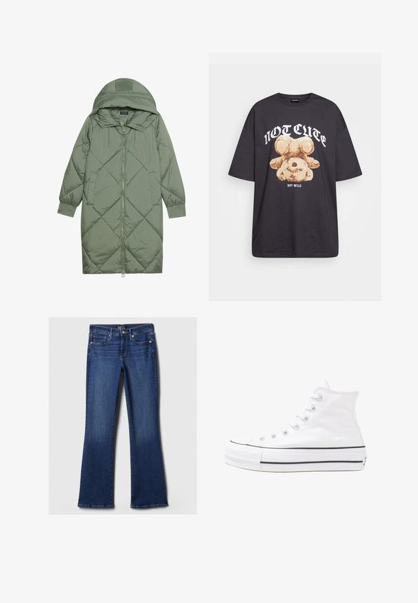 Prošívaný dlouhý zelený péřový kabát s kapucí, který má přední zip a dvě boční kapsy. Po celém povrchu je texturovaný diamantový vzor.; Černé oversized tričko s grafikou medvěda a textem „NENÍ CUTE, ALE DIVOKÝ“ v tučném bílém písmu. Bavlněný materiál.; Tmavě modré riflové zvonové džíny s pěti kapsami, knoflíkovým zapínáním a švy podél pasu a kapes. Hladká textura.; Bílé vysoké plátěné tenisky s černou gumovou podrážkou, přední gumovou špičkou a šesti očky na tkaničky, se čistým, minimalistickým designem.