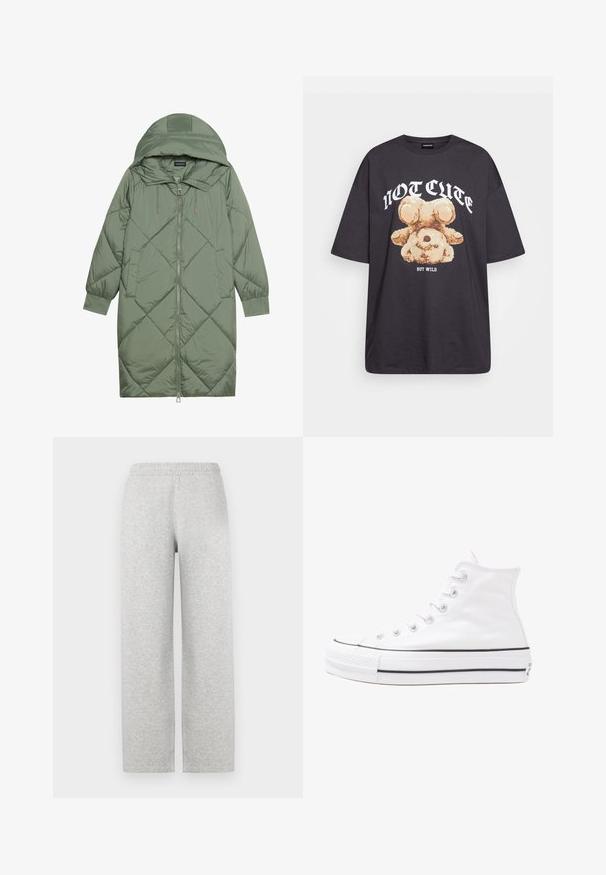 Izšūts garš zaļš pūšļa mētelis ar kapuci, ar priekšējo rāvējslēdzēju un divām sānu kabatām. Visā virsmā ir teksturēta dimanta raksts.; Melna, pārmērīga t-kreklu, kurā attēlots lācis ar uzrakstu "NAV MIERĪGS, BET VILKIS" treknos baltos burtiem. Izgatavots no kokvilnas materiāla.; Pelēki, mīksti auduma sporta bikses ar brīvu piegriezumu, elastīgu jostu un taisnām kājām. Nav redzamu kabatu vai papildu dekoratīviem elementiem.; Balti augstie kanvas sporta apavi ar melnu gumijas zoli, priekšējo gumijas purngalu un sešām acīm lencēm, kuriem ir tīrs, minimālistisks dizains.