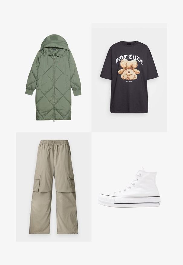 Prostorna dolga zeleni puffer plašč s kapuco, z zadrgo spredaj in dvema stranskima žepoma. Tekstura z diamantnim vzorcem po celotni površini.; Črna oversized majica s kratkimi rokavi, na kateri je grafika medveda z besedilom „NI SRČKAN VKLJUČNO Z DIVJIM“ v poudarjenem belem tisku. Material: bombaž.; Beige vojaške hlače iz lahkega materiala, z elastičnim pasom, ohlapnim krojem in dvema velikima stranskima žepoma.; Beli visoki platneni športni čevelj z črnim gumijastim podplatom, sprednjim gumijastim zaščitnikom za prste in šestimi luknjicami za vezalke, ki se ponaša s preprostim, minimalističnim dizajnom.