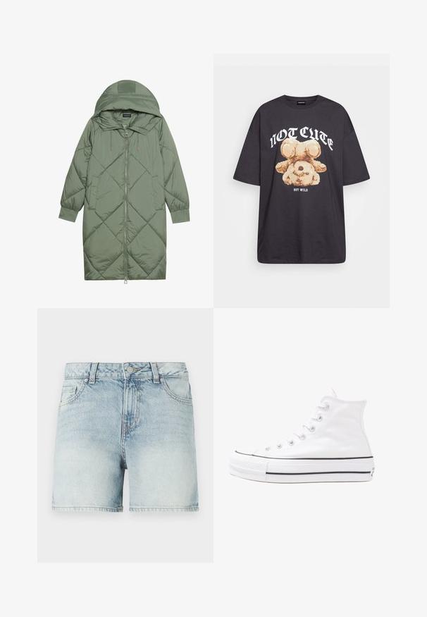 Κοντό πράσινο πούπερ μπουφάν με κουκούλα, διαθέτοντας κεντρικό φερμουάρ και δύο πλαϊνές τσέπες. Υφασμάτινο σχέδιο με ρόμβους σε όλη την επιφάνεια.; Μαύρη oversized μπλούζα με γραφικό ενός αρκούδου και το κείμενο "ΟΧΙ ΓΛΥΚΊΣΤΙΚΗ ΑΛΛΆ ΑΓΡΙΑ" σε έντονη λευκή γραφή. Υφασμά από βαμβάκι.; Ανοιχτό μπλε τζιν σορτσάκια με ψηλή μέση, που διαθέτουν κούμπωμα με κουμπί, πέντε τσέπες και ήπια ξεθώριασμα για μια υφή.; Λευκό ψηλό καμβαδάκι αθλητικό παπούτσι με μαύρη καουτσούκ σόλα, πρόσθιο καουτσούκ καλύμματος δακτύλου και έξι οπές για κορδόνια, με μια καθαρή και μίνιμαλ σχεδίαση.