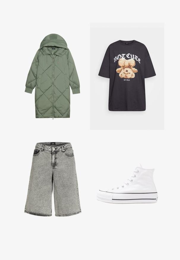 Casaco puffer longo verde acolchoado com capuz, apresentando um fecho frontal com zíper e dois bolsos laterais. Padrão texturizado em forma de diamante por todo o casaco.; T-shirt oversized preto com uma gráfica de um urso e o texto "NÃO FOFO, MAS SELVAGEM" em letras brancas e em negrito. Material em algodão.; Calções de ganga em preto desbotado com um corte solto, apresentando uma cintura alta, design de cinco bolsos e detalhes de costura visíveis.; Sapatilha alta de tela branca com sola de borracha preta, bico de borracha na frente e seis ilhós para os atacadores, apresentando um design limpo e minimalista.