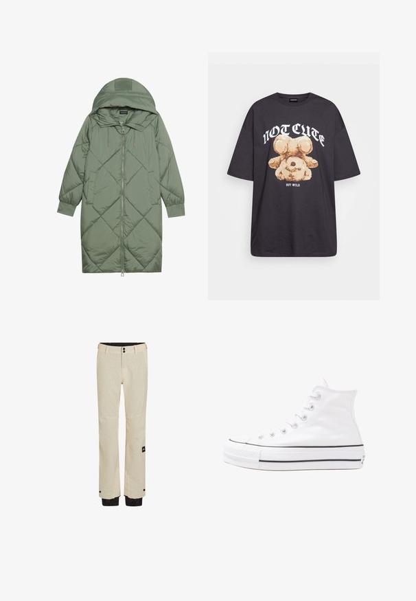 Quilted long green puffer coat with a hood, featuring a front zipper closure and two side pockets. Textured diamond pattern throughout.; Black oversized t-shirt featuring a graphic of a bear with the text “NOT CUTE BUT WILD” in bold, white lettering. Cotton material.; Beige ski pants with a subtle textured pattern, zippered cuffs, and black accents at the hem. Features two buttons at the waist.; White high-top canvas sneaker with black rubber sole, front rubber toe cap, and six eyelets for laces, featuring a clean, minimalist design.