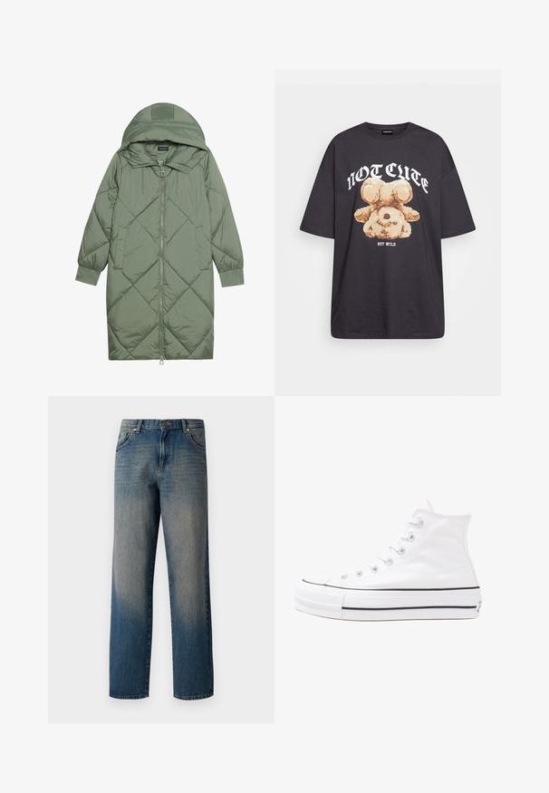 Izšūts garš zaļš pūšļa mētelis ar kapuci, ar priekšējo rāvējslēdzēju un divām sānu kabatām. Visā virsmā ir teksturēta dimanta raksts.; Melna, pārmērīga t-kreklu, kurā attēlots lācis ar uzrakstu "NAV MIERĪGS, BET VILKIS" treknos baltos burtiem. Izgatavots no kokvilnas materiāla.; Zilā džinsa bikses ar taisnu kāju dizainu, piedāvā iespēju krāsai pakāpeniski izbalēt no tumšas uz gaišu, ar pieciem kabatām un poga aizdari jostas vietā.; Balti augstie kanvas sporta apavi ar melnu gumijas zoli, priekšējo gumijas purngalu un sešām acīm lencēm, kuriem ir tīrs, minimālistisks dizains.