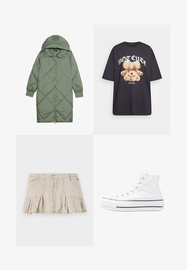 Zelený prešívaný páperový kabát s kapucňou, so zipsovým uzáverom vpredu a dvoma bočnými vreckami. Po celom povrchu je textúrovaný diamantový vzor.; Čierne oversized tričko s grafikou medveďa a textom "NIE ROZTOMILÉ ALE DIVOKÉ" v tučnom bielom písmene. Bavlnený materiál.; Béžová ľanová mini sukňa s plisovaným dizajnom, predným zapínaním na gombík a dvoma bočnými vreckami. Má svetlú textúru a ležérny štýl.; Biele vysoké plátené tenisky s čiernou gumovou podošvou, prednou gumovou špičkou a šiestimi okami na šnúrky, s čistým, minimalistickým dizajnom.