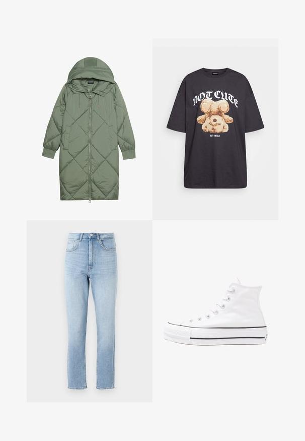 Quilted long green puffer coat with a hood, featuring a front zipper closure and two side pockets. Textured diamond pattern throughout.; Black oversized t-shirt featuring a graphic of a bear with the text “NOT CUTE BUT WILD” in bold, white lettering. Cotton material.; Light blue denim jeans with a high waist, straight legs, five pockets, and subtle fading. Features a button and zipper closure.; White high-top canvas sneaker with black rubber sole, front rubber toe cap, and six eyelets for laces, featuring a clean, minimalist design.