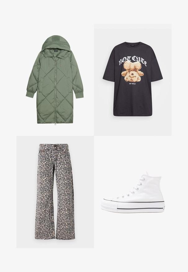 Prostorna dolga zeleni puffer plašč s kapuco, z zadrgo spredaj in dvema stranskima žepoma. Tekstura z diamantnim vzorcem po celotni površini.; Črna oversized majica s kratkimi rokavi, na kateri je grafika medveda z besedilom „NI SRČKAN VKLJUČNO Z DIVJIM“ v poudarjenem belem tisku. Material: bombaž.; Jeansi iz teksture s tisku leopard z širokimi nogavicami, ki imajo gumbasto zapiranje in zanke za pas. Tkanina ima gladko teksturo.; Beli visoki platneni športni čevelj z črnim gumijastim podplatom, sprednjim gumijastim zaščitnikom za prste in šestimi luknjicami za vezalke, ki se ponaša s preprostim, minimalističnim dizajnom.