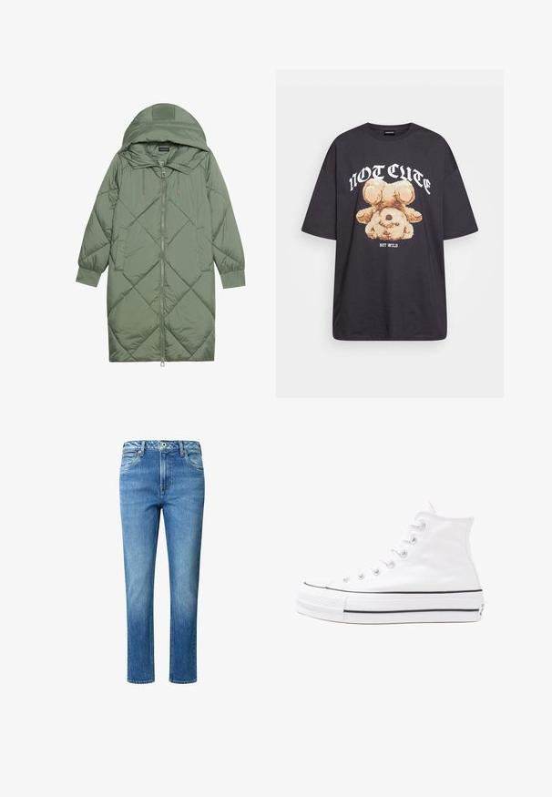 Κοντό πράσινο πούπερ μπουφάν με κουκούλα, διαθέτοντας κεντρικό φερμουάρ και δύο πλαϊνές τσέπες. Υφασμάτινο σχέδιο με ρόμβους σε όλη την επιφάνεια.; Μαύρη oversized μπλούζα με γραφικό ενός αρκούδου και το κείμενο "ΟΧΙ ΓΛΥΚΊΣΤΙΚΗ ΑΛΛΆ ΑΓΡΙΑ" σε έντονη λευκή γραφή. Υφασμά από βαμβάκι.; Ανοιχτού μπλε τζιν παντελόνι με ίσια γραμμή, πέντε τσέπες, κλείσιμο με κουμπί και φερμουάρ, και διακριτική φθορά στους μηρούς.; Λευκό ψηλό καμβαδάκι αθλητικό παπούτσι με μαύρη καουτσούκ σόλα, πρόσθιο καουτσούκ καλύμματος δακτύλου και έξι οπές για κορδόνια, με μια καθαρή και μίνιμαλ σχεδίαση.
