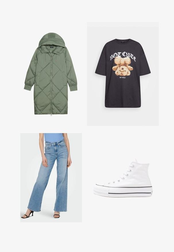 Vihreä vuorattu pitkänmallinen puhvitakki, jossa on huppu, etuvetoketju ja kaksi sivutaskua. Koko takin pinta on teksturoidussa timanttikuviossa.; Mustat ylisuurent-paidat, joissa on karhun grafiikka ja teksti "EI SULOINEN VAAN VILLI" rohkealla valkoisella fontilla. Puuvillamateriaali.; Vaaleansiniset farkut, joissa on leveät lahkeet ja korkea vyötärö, näkyvillä ompeleilla ja klassinen viisi-taskuinen muotoilu. Yhdistetty mustiin hihnakenkiin.; Valkoiset korkeavartiset kangaskengät mustalla kumipohjalla, edessä kuminen varvasosa ja kuusi nauha-aukkoa, puhtaan minimalistisella muotoilulla.