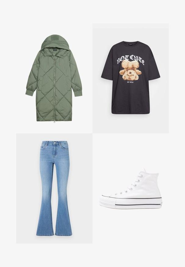 Manteau matelassé long vert avec capuche, doté d'une fermeture éclair à l'avant et de deux poches latérales. Motif en losanges texturé sur toute sa surface.; T-shirt noir oversize avec un graphique d'un ours et le texte « PAS MIGNON MAIS SAUVAGE » en lettres blanches, en gras. Matériau en coton.; Jeans évasés bleu clair avec une texture en denim lisse, ornés de clous en argent éparpillés sur le devant et d'un design classique à cinq poches.; Baskets montantes en toile blanche avec semelle en caoutchouc noir, capuchon en caoutchouc à l'avant, et six œillets pour les lacets, présentant un design épuré et minimaliste.