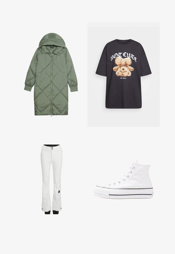 Prošívaný dlouhý zelený péřový kabát s kapucí, který má přední zip a dvě boční kapsy. Po celém povrchu je texturovaný diamantový vzor.; Černé oversized tričko s grafikou medvěda a textem „NENÍ CUTE, ALE DIVOKÝ“ v tučném bílém písmu. Bavlněný materiál.; Bílé lyžařské kalhoty vyrobené z vodoodpudivého materiálu s hladkou texturou. Mají dva černé knoflíky v pase a kapsy na zip.; Bílé vysoké plátěné tenisky s černou gumovou podrážkou, přední gumovou špičkou a šesti očky na tkaničky, se čistým, minimalistickým designem.