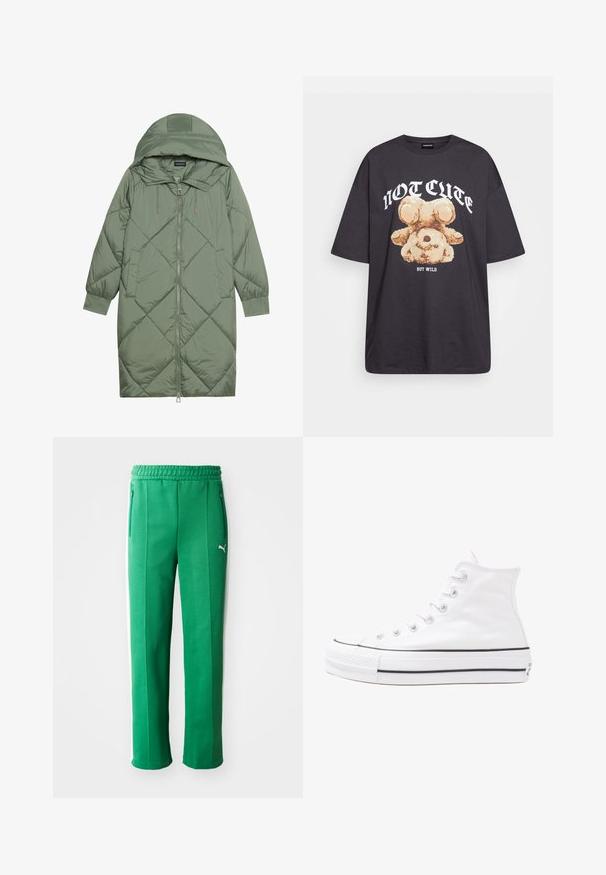 Quilted long green puffer coat with a hood, featuring a front zipper closure and two side pockets. Textured diamond pattern throughout.; Black oversized t-shirt featuring a graphic of a bear with the text “NOT CUTE BUT WILD” in bold, white lettering. Cotton material.; Green athletic pants with a textured finish, elastic waistband, side pockets, and white side stripes. Brand logo visible on the front.; White high-top canvas sneaker with black rubber sole, front rubber toe cap, and six eyelets for laces, featuring a clean, minimalist design.