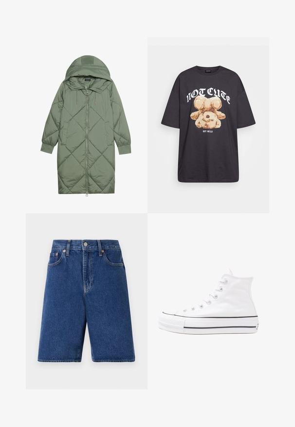 Prošívaný dlouhý zelený péřový kabát s kapucí, který má přední zip a dvě boční kapsy. Po celém povrchu je texturovaný diamantový vzor.; Černé oversized tričko s grafikou medvěda a textem „NENÍ CUTE, ALE DIVOKÝ“ v tučném bílém písmu. Bavlněný materiál.; Džínové šortky v tmavě modré barvě s klasickým střihem, pěti kapsami a oranžovým prošíváním. Dokončeny předním knoflíkem a zipem.; Bílé vysoké plátěné tenisky s černou gumovou podrážkou, přední gumovou špičkou a šesti očky na tkaničky, se čistým, minimalistickým designem.