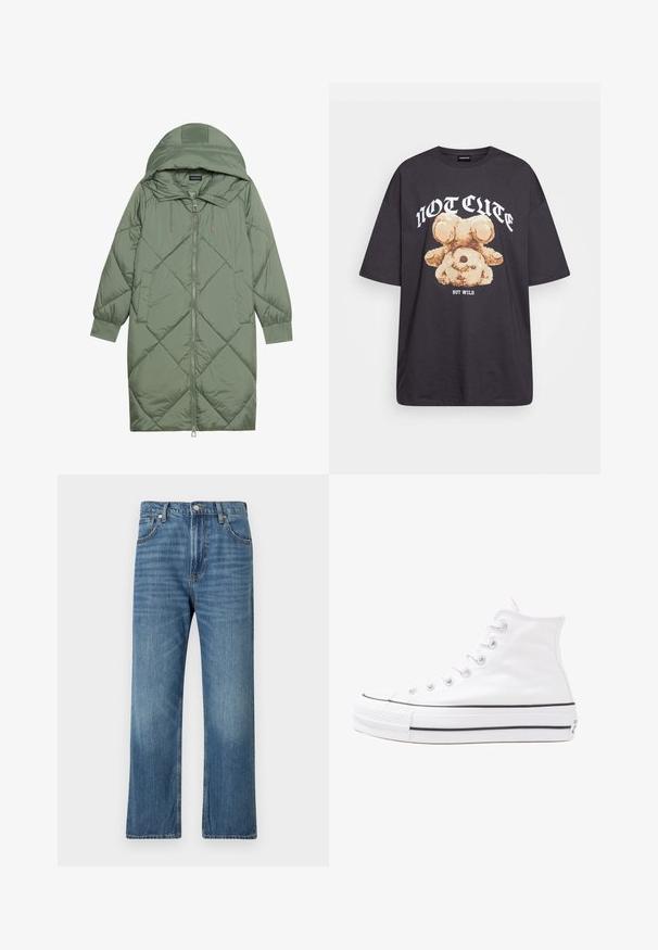 Casaco puffer longo verde acolchoado com capuz, apresentando um fecho frontal com zíper e dois bolsos laterais. Padrão texturizado em forma de diamante por todo o casaco.; T-shirt oversized preto com uma gráfica de um urso e o texto "NÃO FOFO, MAS SELVAGEM" em letras brancas e em negrito. Material em algodão.; Jeans de denim azul com um design de perna reta, estilo de cinco bolsos e um efeito de desbotado. Apresenta um fecho de botão e zip na cintura.; Sapatilha alta de tela branca com sola de borracha preta, bico de borracha na frente e seis ilhós para os atacadores, apresentando um design limpo e minimalista.