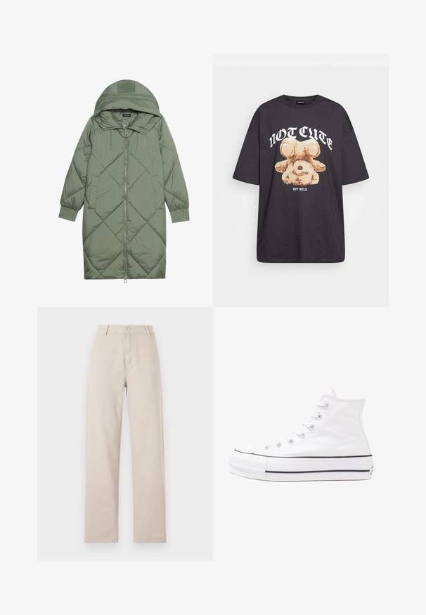 Quiltet lang grønn pufferjakke med hette, med en frontglidelås og to sidelommer. Teksturerte diamantmønster overalt.; Svart oversized t-skjorte med en grafikk av en bjørn og teksten "IKKE SØT, MEN VILL" i fet, hvit skrift. Laget av bomull.; Beige vide benbukser laget av bomull, med frontknapplukking, beltehemper og en klassisk passform med rene linjer.; Hvit høy-skinn kanvas sneakers med svart gummisåle, gummitåhette foran og seks hull for snorer, med et rent, minimalistisk design.